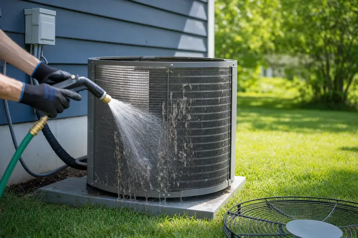 Rinsing the fins of an outdoor air conditioner coil during a maintenance visit