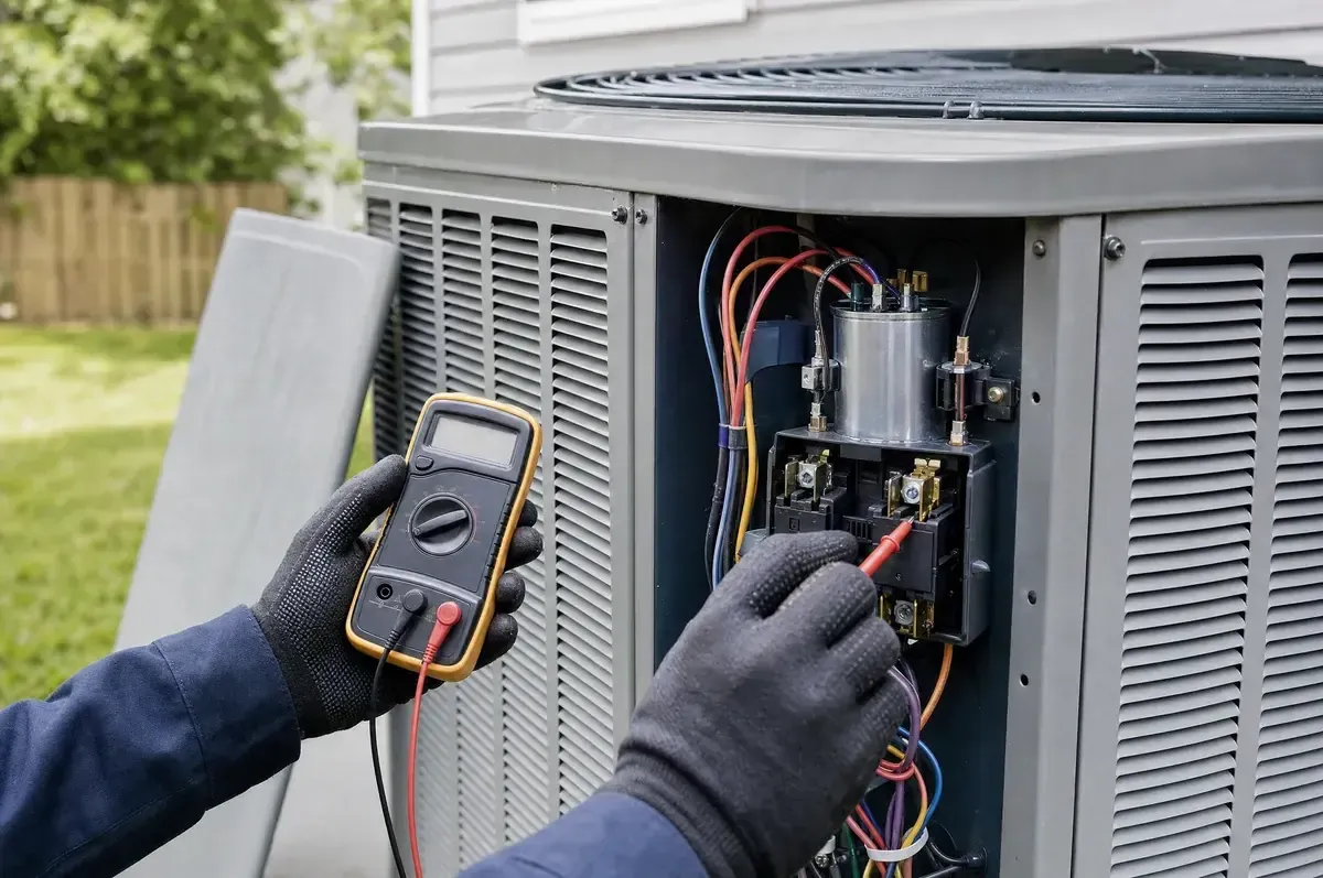 Technician testing the contactor and capacitor inside an open air conditioner condenser with a multimeter