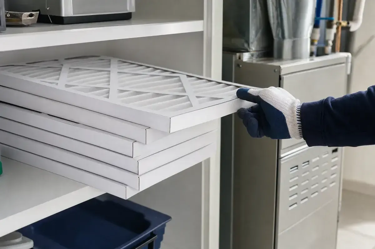 Stack of new pleated furnace filters on a utility room shelf beside a furnace