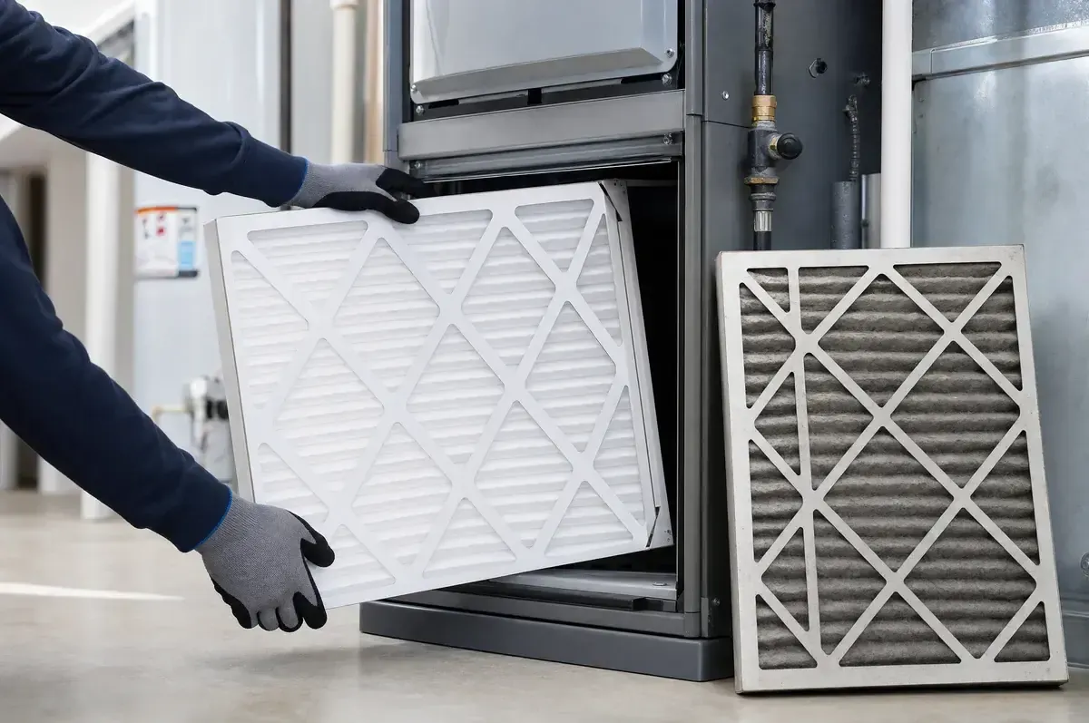 New pleated furnace filter being slid in next to an old dust-clogged filter