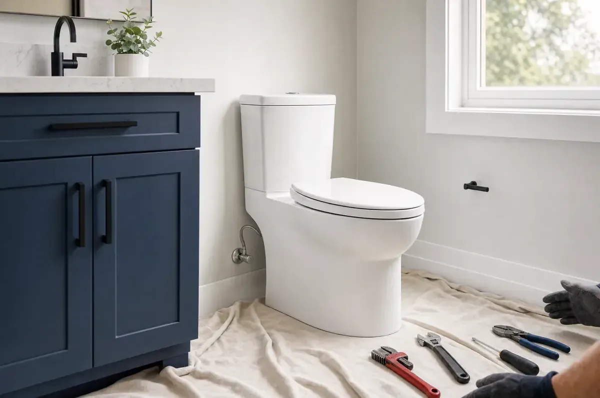 Newly installed comfort-height toilet and matte black faucet in a renovated bathroom