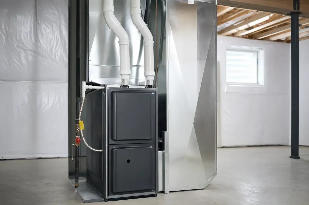 New high-efficiency condensing gas furnace installed in a clean basement mechanical room