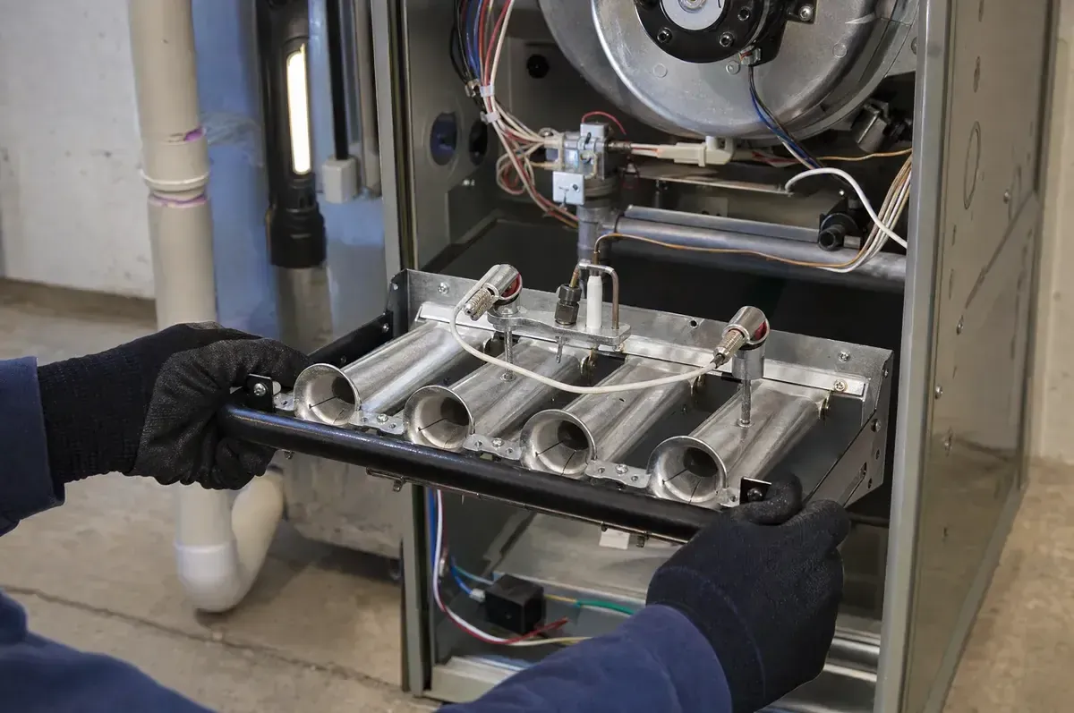 Technician removing the burner assembly from a gas furnace for annual cleaning
