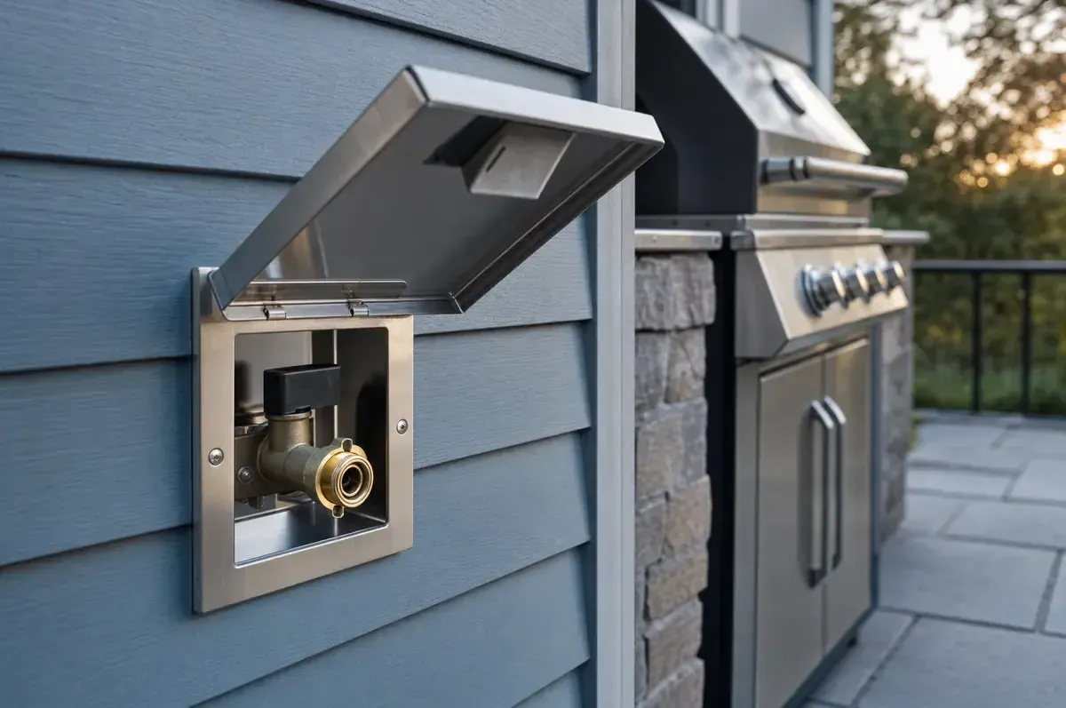 Outdoor natural gas BBQ outlet box on an exterior wall beside a barbecue