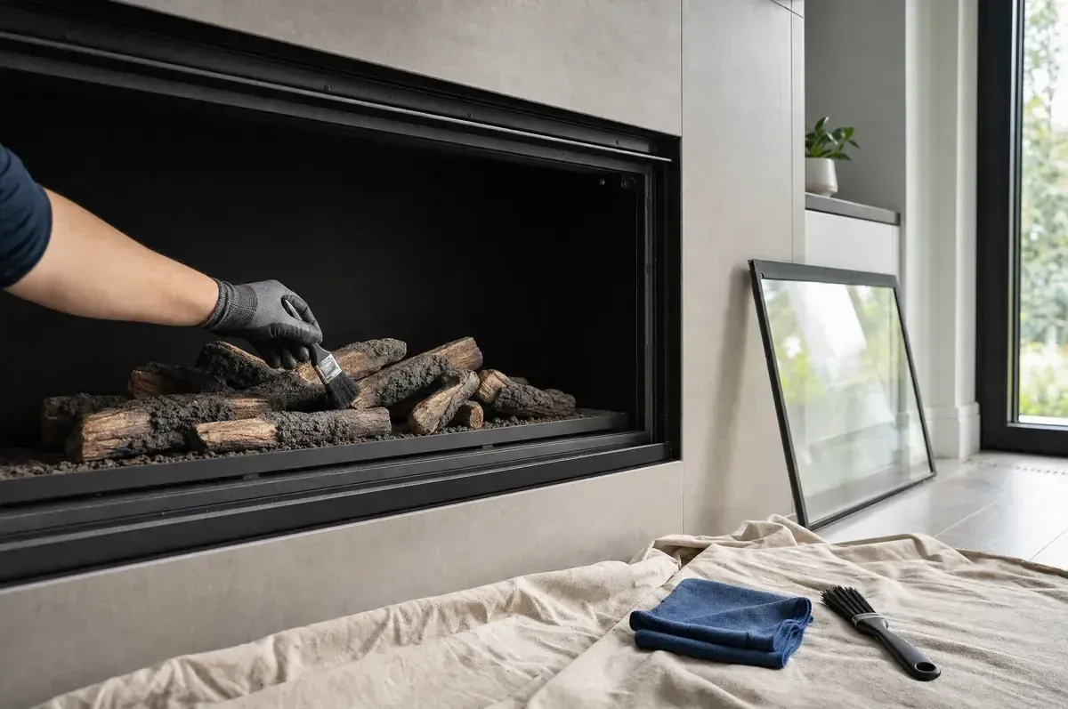 Modern linear gas fireplace with the glass front removed for annual service