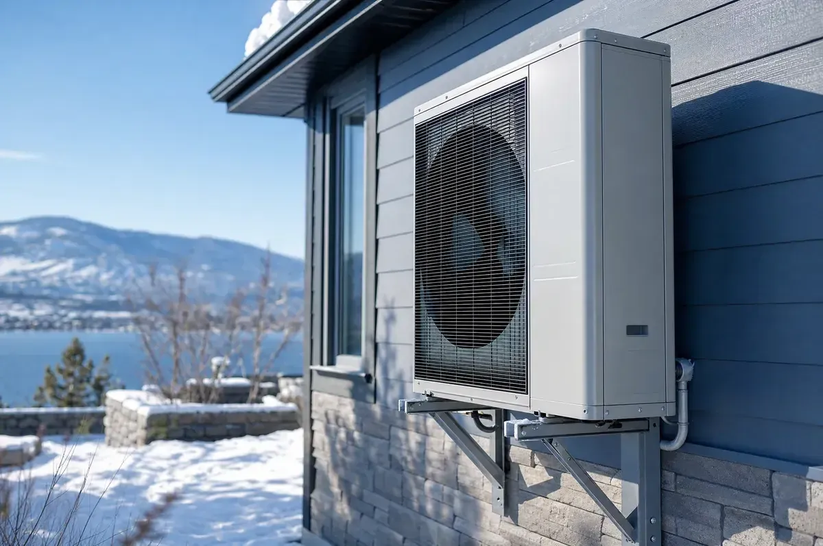 Cold-climate air-source heat pump outdoor unit on a wall bracket beside a house in early winter