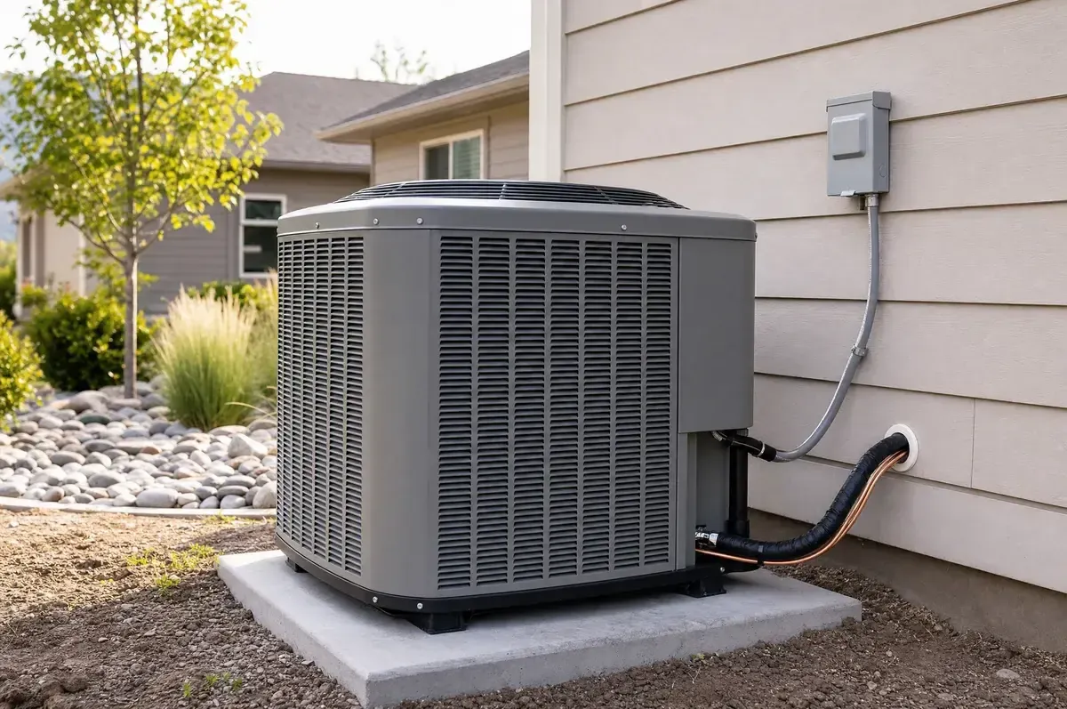 Newly installed central air conditioner condenser on a concrete pad beside a house