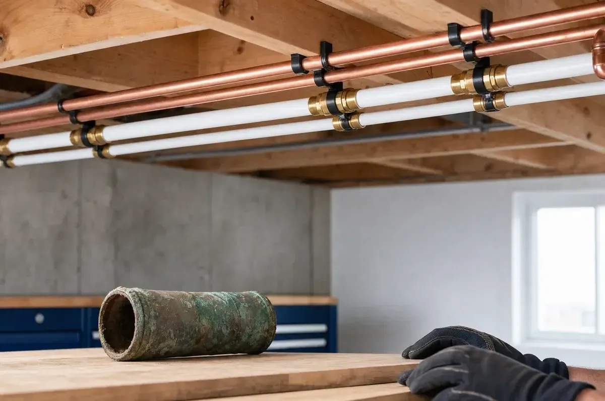 New copper and PEX water lines installed along basement joists beside an old corroded pipe