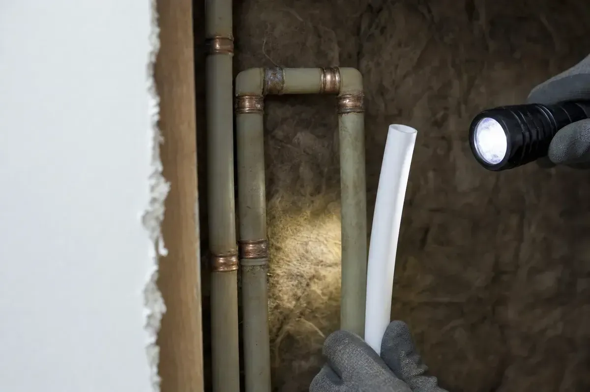 Old grey Poly-B plastic water pipes with copper crimp fittings exposed behind drywall