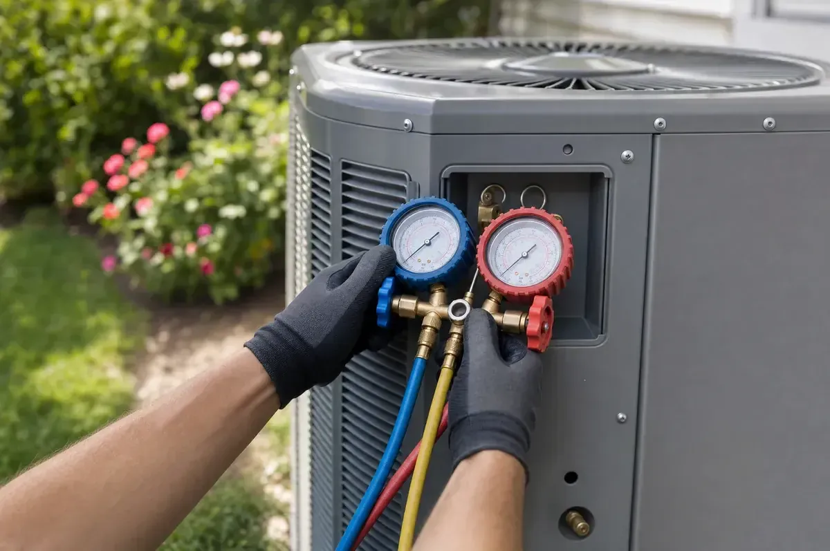 Refrigerant gauges connected to an air conditioner during a spring tune-up