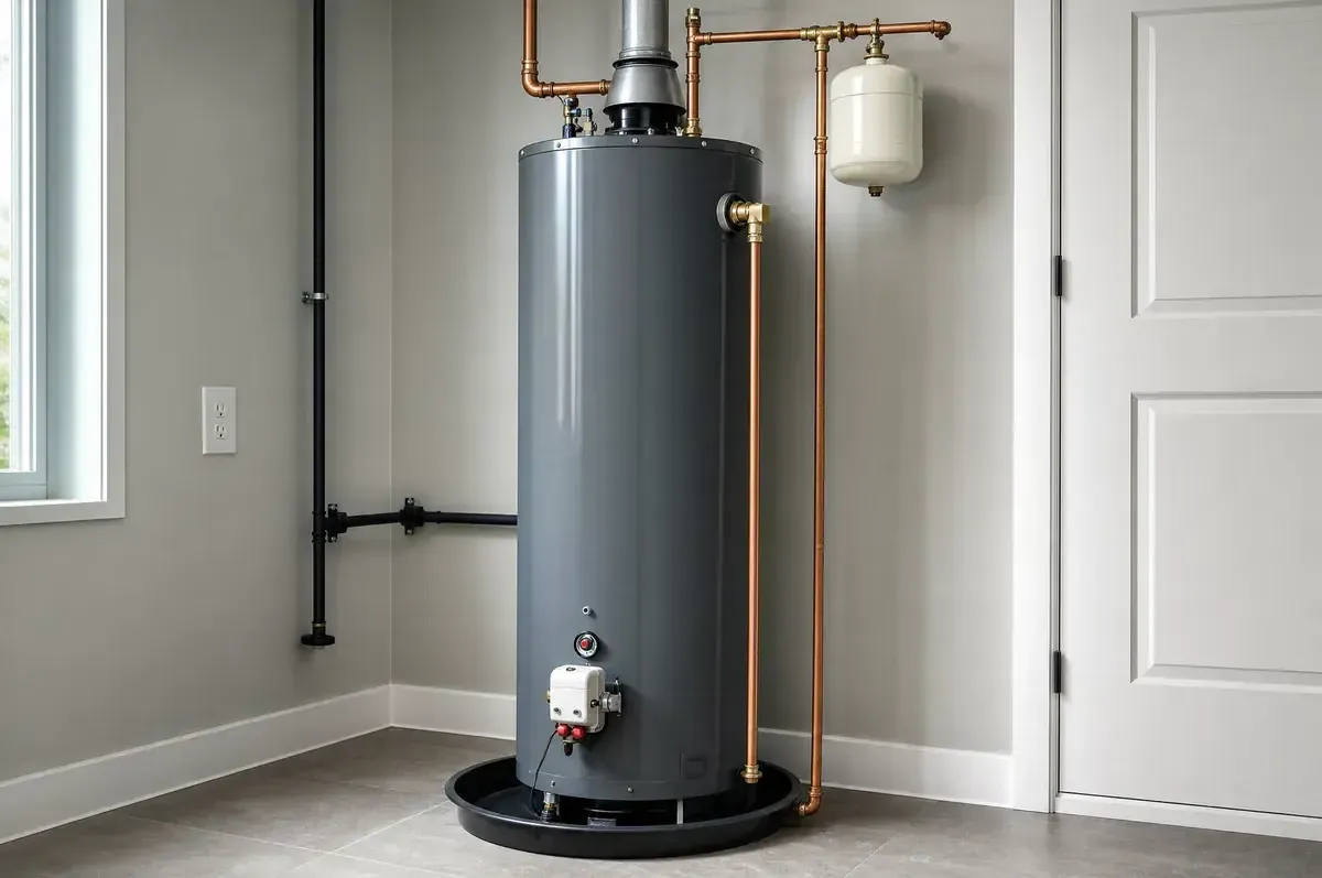 New gas storage tank water heater with expansion tank and drain pan in a utility room