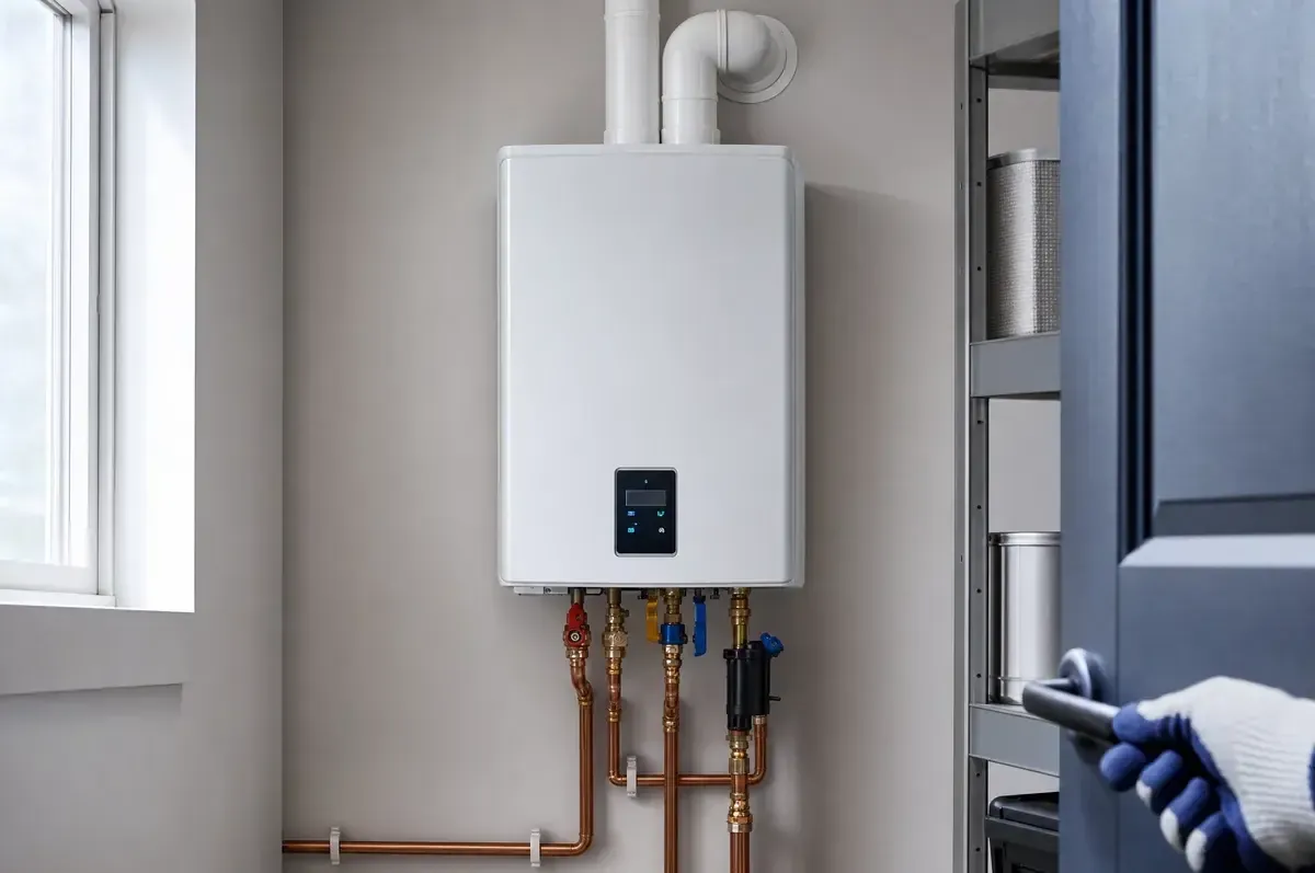 Wall-mounted condensing tankless water heater with PVC venting and isolation valves