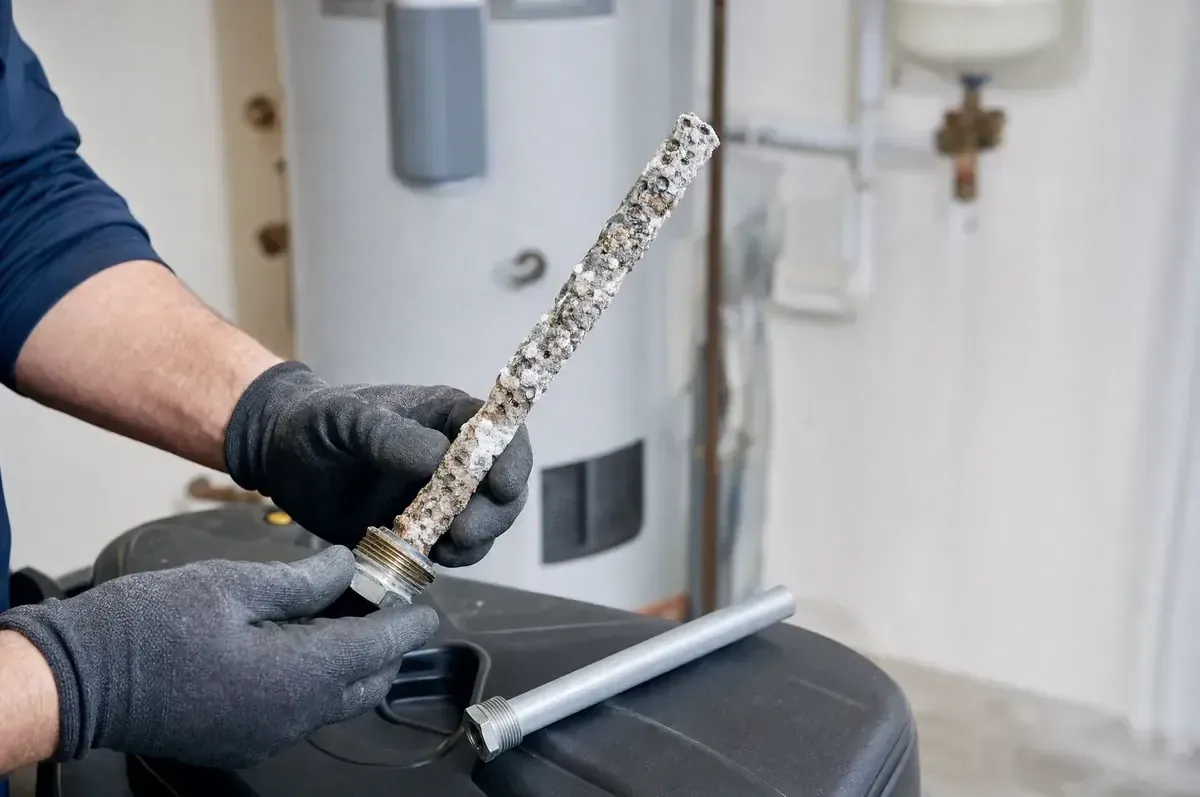 Corroded anode rod pulled from a water heater next to a new replacement rod