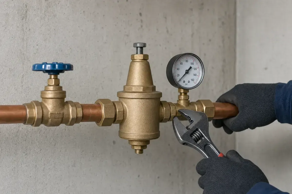 Brass pressure reducing valve and gauge on a home's main water line